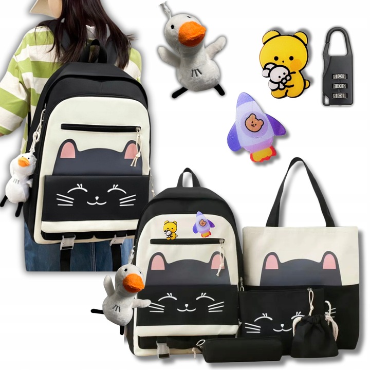 PLECAK SZKOLNY KOT KOTEK MŁODZIEŻOWY + PIÓRNIK CZARNY ZESTAW Z KOTKIEM 5w1