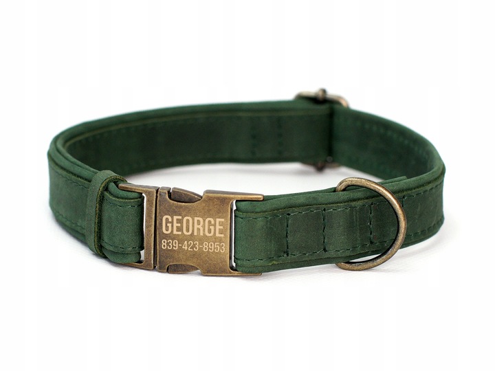 Grawerowana Obroża dla Psa Skórzana z Metalową Klamrą, Zielony kolor