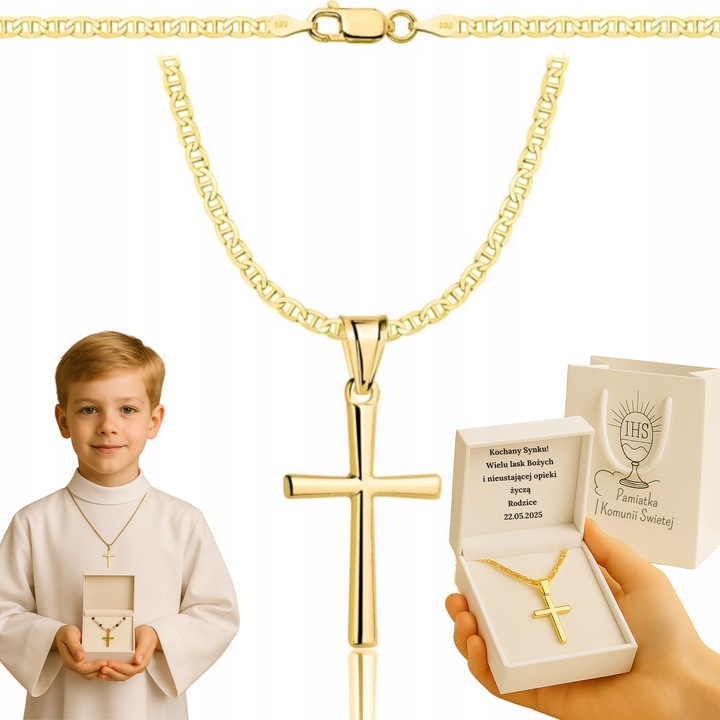ZŁOTY ŁAŃCUSZEK NA CHRZEST CHRZCINY PAMIĄTKA Z KRZYŻYKIEM 585 925 + GRAWER
