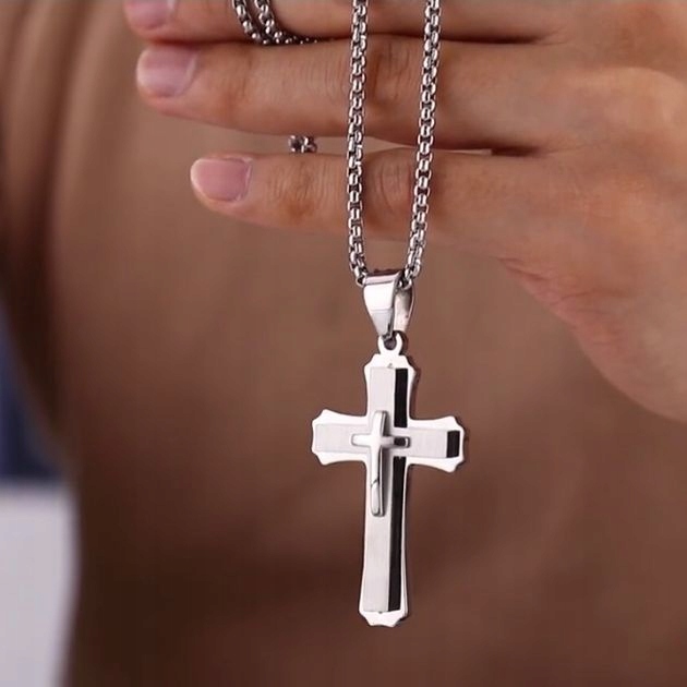 DUŻA ZAWIESZKA KRZYŻYK SREBRNY Z ŁAŃCUSZKIEM STAL