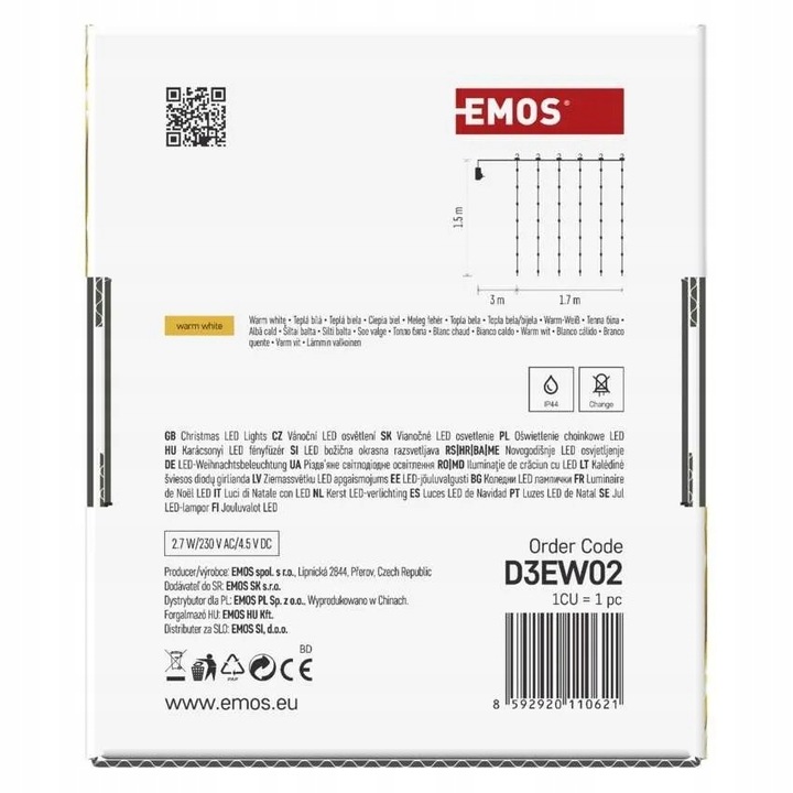 Kurtyna świetlna IP44 180 LED 1,7x1,5m - 8 programów - ciepła biel D3EW02 E