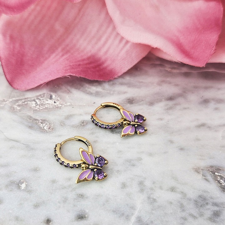 KOLCZYKI SREBRNE ZŁOCONE DZIECIĘCE MOTYLKI WISZĄCE CYRKONIE SREBRO 925