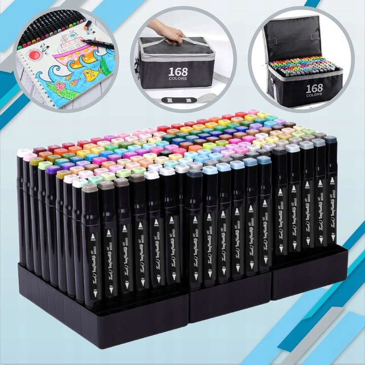 Markery 168 sztuk flamastry pisaki dwustronne alkoholowe precyzyjne + torba