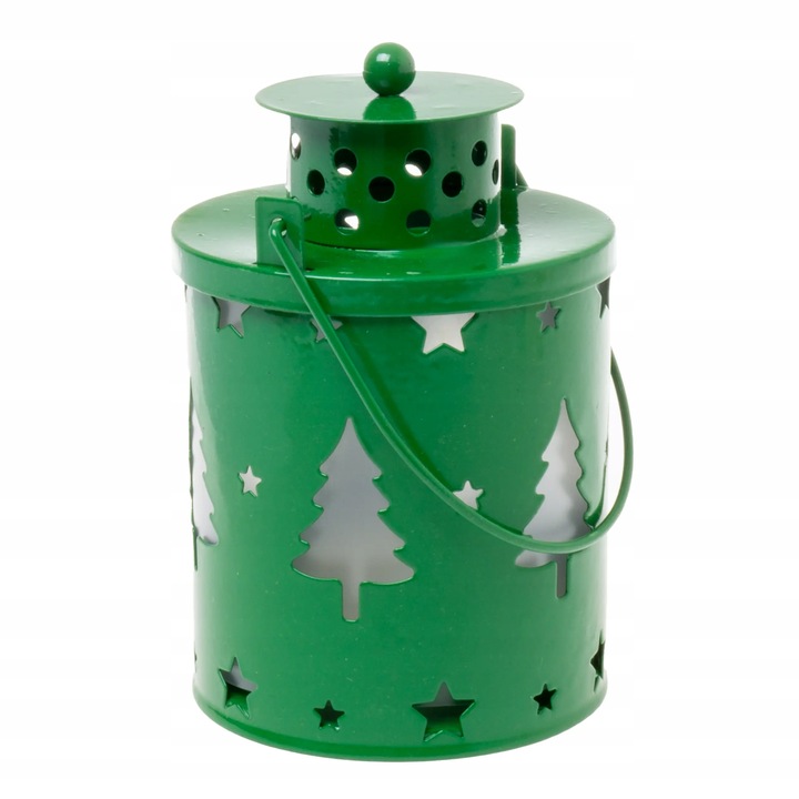 Lampion adwentowy na roraty dla dzieci metalowy zielony choinki LED 12,5 cm