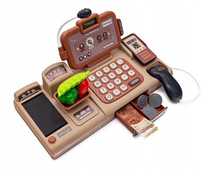 Kasa Fiskalna Edukacyjna Sklepowa Waga Koszyk Czytnik Kodów Monety Mikrofon