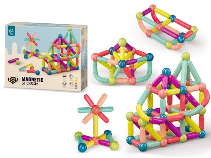 KLOCKI MAGNETYCZNE EDUKACYJNE MAGNETIC STICKS 64 ELEMENTY PREZENT