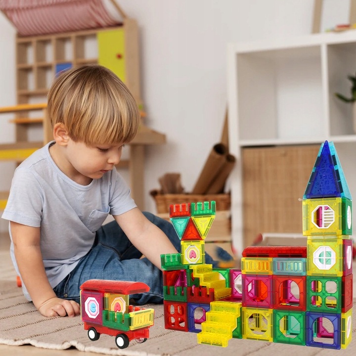 DUŻE Klocki Magnetyczne 3D Panele Konstrukcyjne Edukacyjne 110 el. Dom Auto