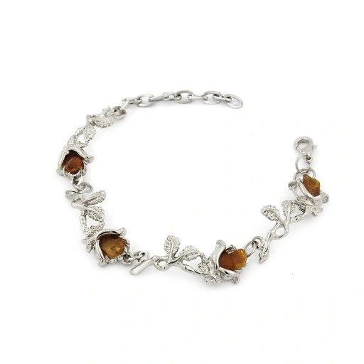 BRANSOLETKA SREBRNE RÓŻYCZKI Z BURSZTYNEM Gbox
