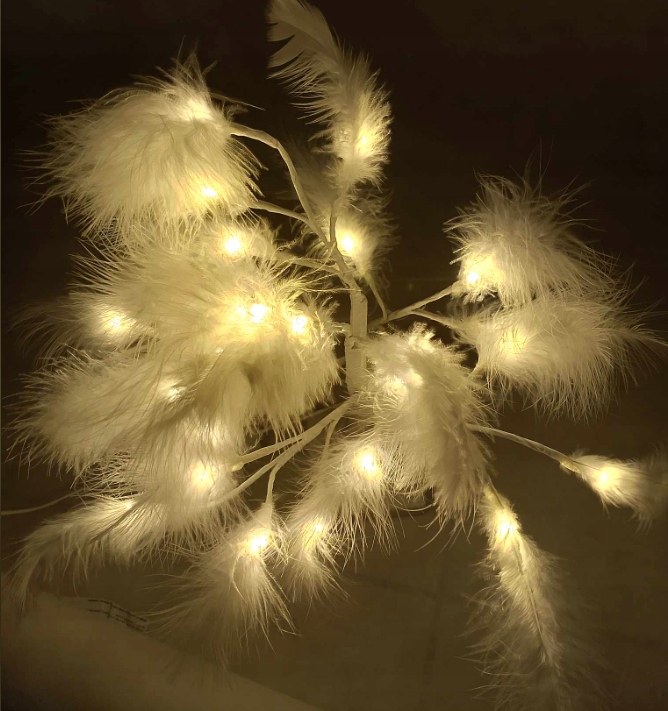 Dekoracja drzewko led ozdobne z piórkami światło BIAŁE CIEPŁE