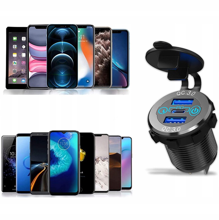 GNIAZDO ŁADOWARKA SAMOCHÓD QC3.0 3xUSB 12V-24V