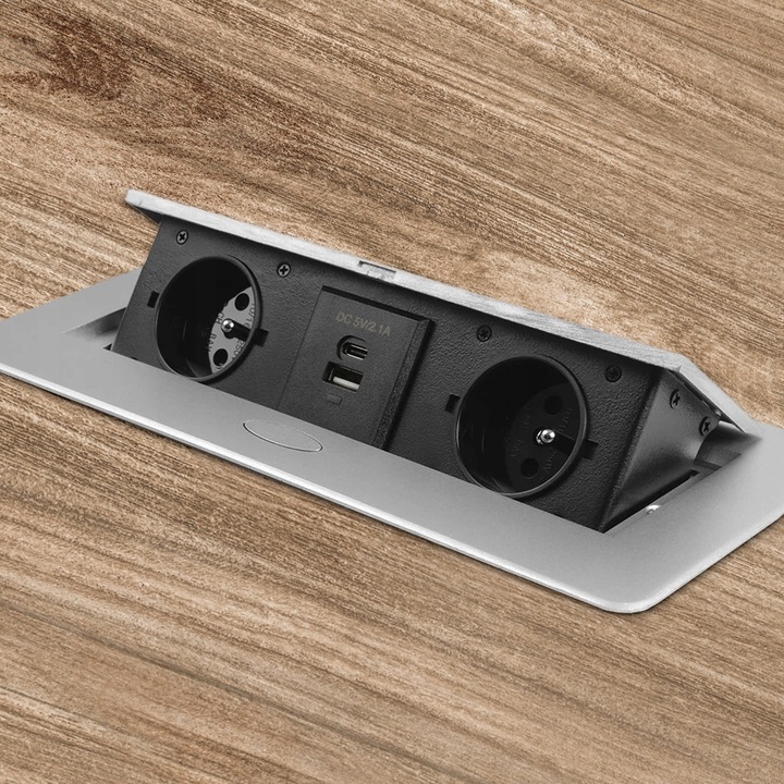 Gniazdo Nablatowe Chowane w Blat Kuchenny Wpuszczane USB-C 2x230V Srebrne