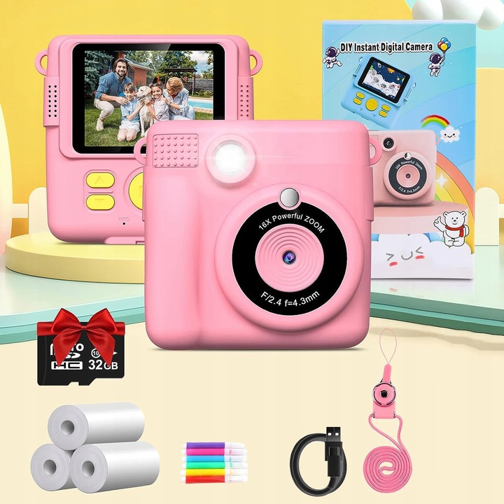 APARAT POLAROID NATYCHMIASTOWY DLA DZIECI FILMÓW ZDJĘĆ DRUK TERMICZNY 32GB