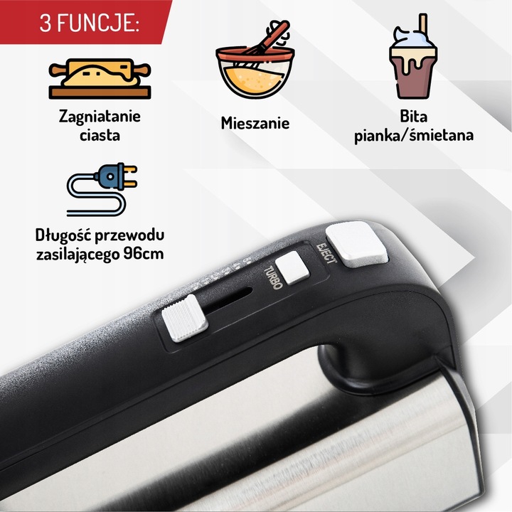 Mikser Ręczny Robot Kuchenny 800W 5 Biegów TURBO 4 Końcówki Mieszadła Haki