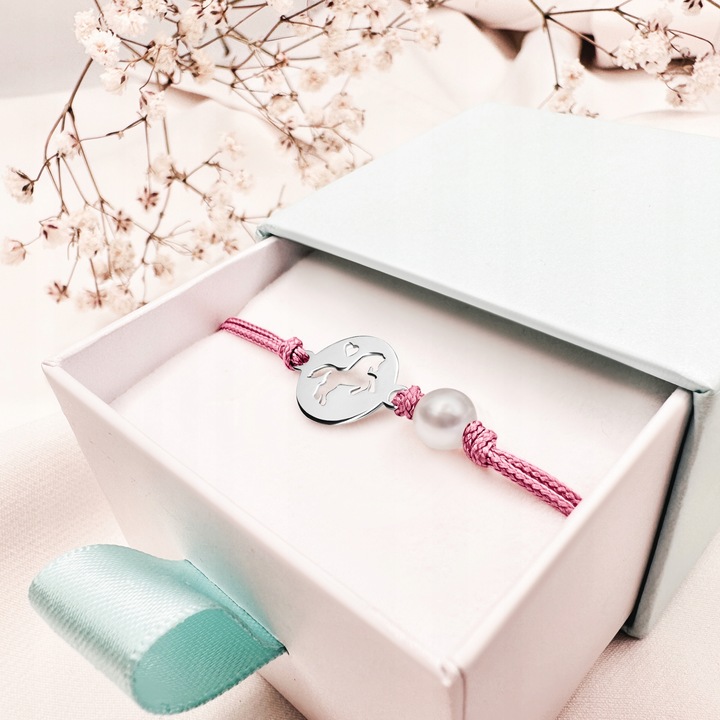 Srebrna bransoletka dla dziewczynki sznurkowa jednorożec srebro 925