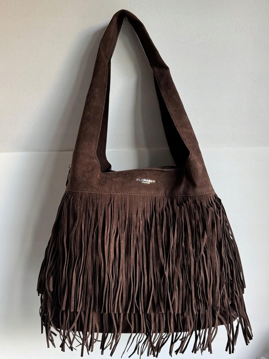 Torba Flora&Co torebka frędzle worek zamsz zamszowa eco brązowa czekoladowy