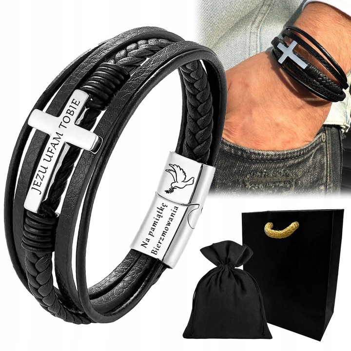 Bransoletka MĘSKA skórzana SREBRNA krzyż KRZYŻYK stal 316L grawer GRATIS!