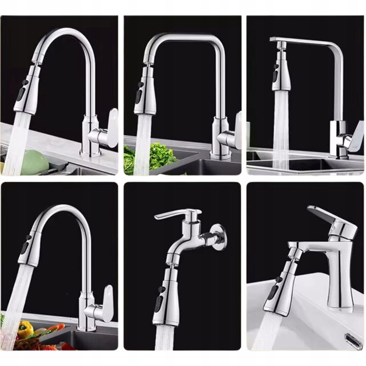 PRZEDŁUŻACZ KRANU KUCHENNEGO AERATOR ADAPTER PERLATOR 3 FUNKCJE 360 SREBRNY