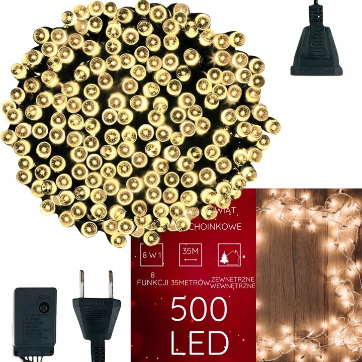 LAMPKI CHOINKOWE 500 LED ŚWIĄTECZNE ZEWNĘTRZNE WEWNĘTRZNE CIEPŁE BIAŁE 35m