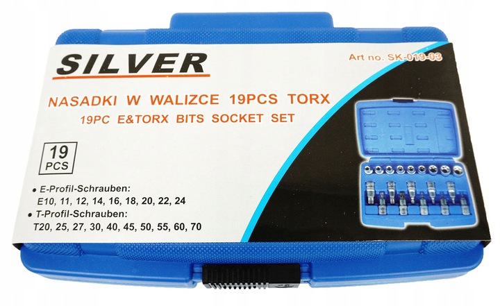SILVER ZESTAW NASADEK TORX NASADKI KLUCZE NASADOWE E-TORX 1/2 19E SK-019-03