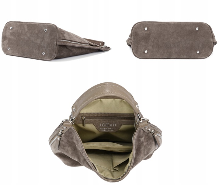Modne torebki z zamszu naturalnego taupe duże a4 markowe LOCCATI skórzane