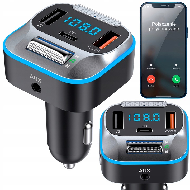 TRANSMITER ŁADOWARKA SAMOCHODOWA BLUETOOTH FM AUX JACK SAMOCHODOWY USB C