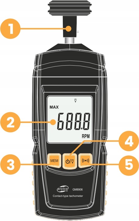 TACHOMETR LCD MIERNIK OBROTÓW DO 99999 RPM GM8906