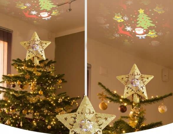 Gwiazda na choinkę z projektorem LED na czubek brokatowa złota 3D 24 x 20cm