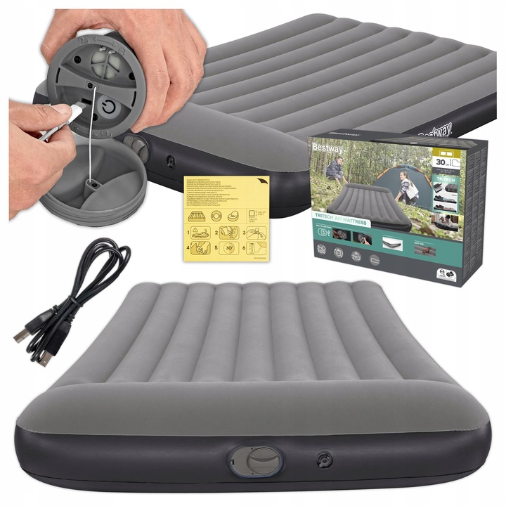 MATERAC DMUCHANY Z POMPKĄ USB ŁÓŻKO DO SPANIA 203 x 152 CM BESTWAY 671BS