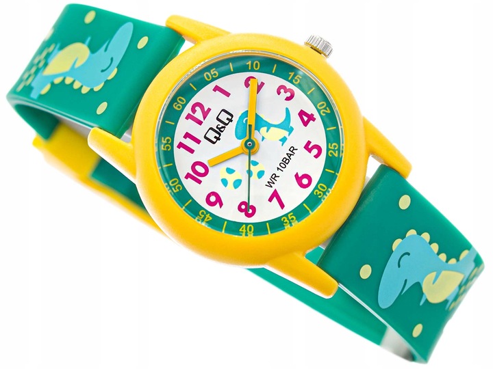DZIECIĘCY ZEGAREK QQ V22A-023VY DLA CHŁOPCA Z DINOZAUREM DO NAUKI NA BASEN
