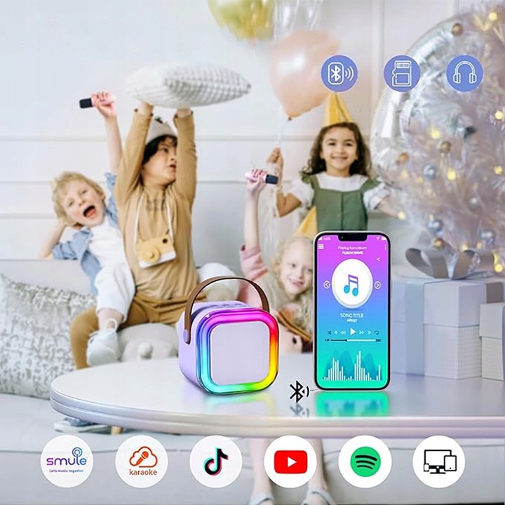 Bezprzewodowy Zestaw do Karaoke dla Dzieci LED Głośnik Bluetooth +Mikrofony
