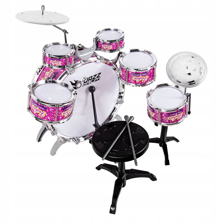 PERKUSJA DUŻA DLA DZIECI ZESTAW 6 BĘBNÓW 2 TALERZE TABORET ZABAWKA MUZYCZNA