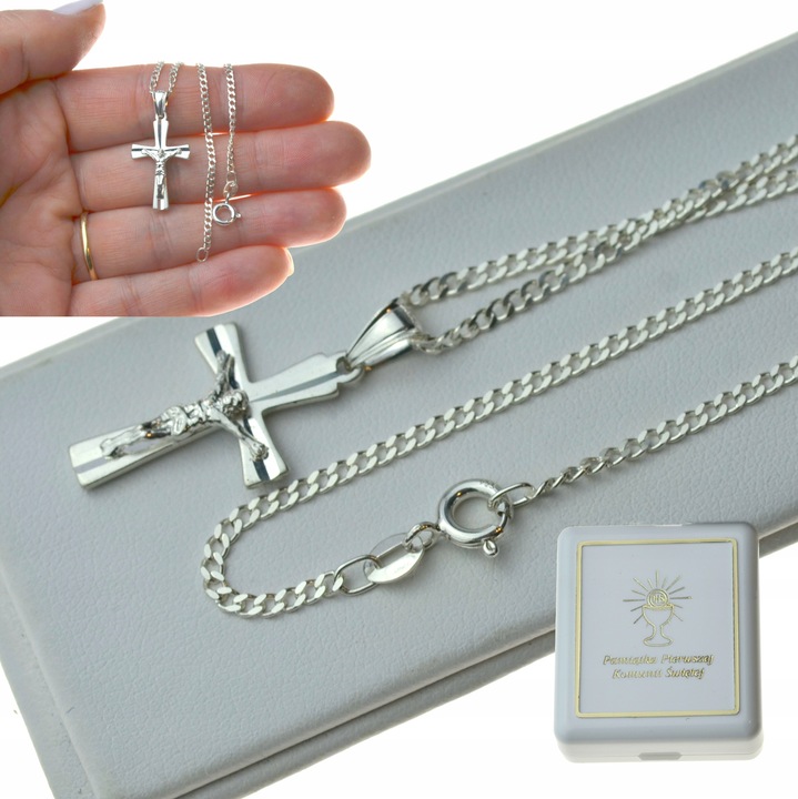 ŁAŃCUSZEK SREBRNY Z KRZYŻYKIEM 925 50CM Komplet DLA CHŁOPCA KOMUNIA