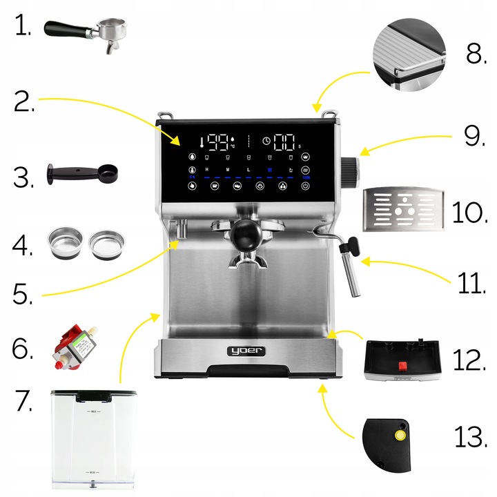 Ekspres ciśnieniowy Kolbowy Yoer 20bar 1350W +Spieniacz mleka +THERMOBLOCK