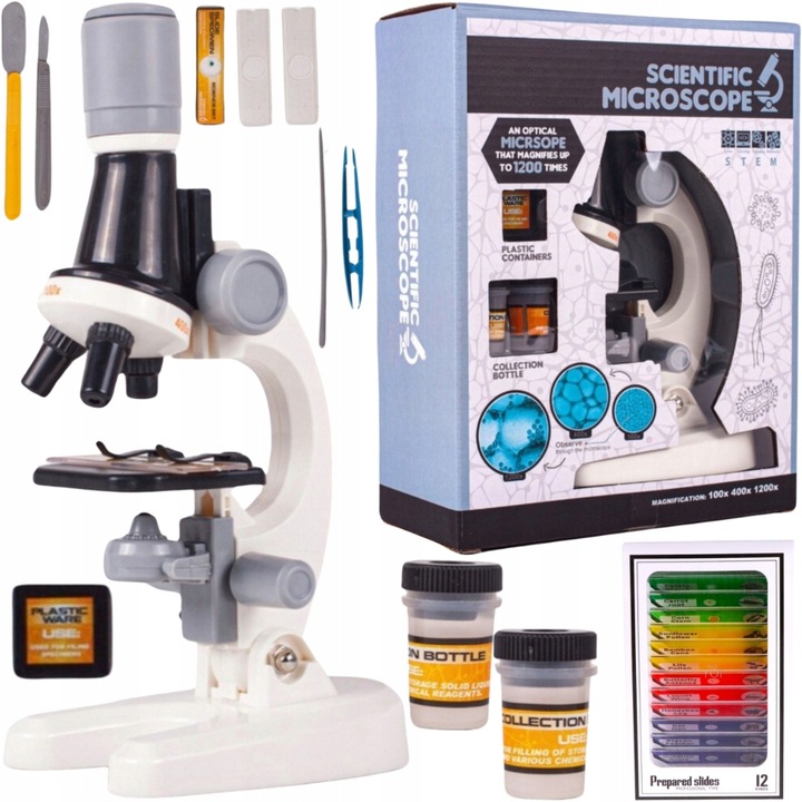 Mikroskop Naukowy Dla Dziecka Szkolny 1200x Prezent ZESTAW PREPARATÓW 24 el