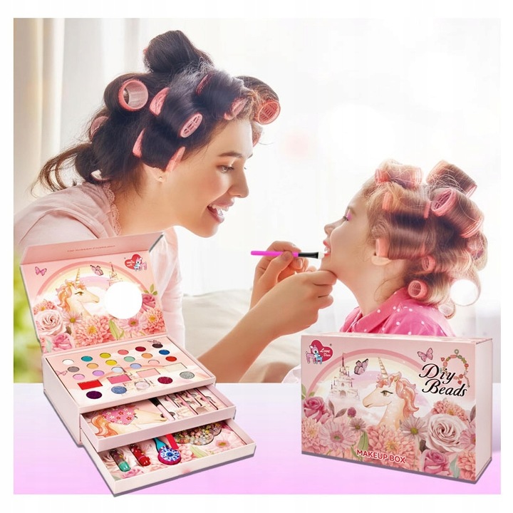 KOSMETYKI DLA DZIECI W SZKATUŁCE JEDNOROŻEC KORALIKI CIENIE LAKIERY KUFEREK