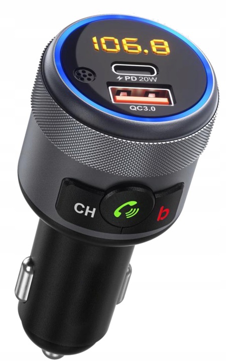 TRANSMITER FM BLUETOOTH 5.1 USB SZYBKA ŁADOWARKA QC 18W/PD 24W 12/24V BASS