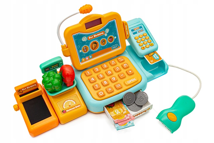 Sklepowa Kasa Fiskalna dla Dzieci ZABAWA w SKLEP Koszyk Waga Czytnik Monety