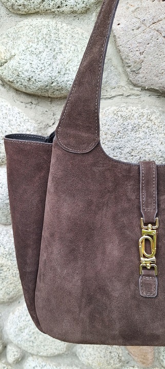 Torebka WłoskaZAMSZOAWA worek SKÓRA NATURALNA Vera Pelle CZEKOLADOWA