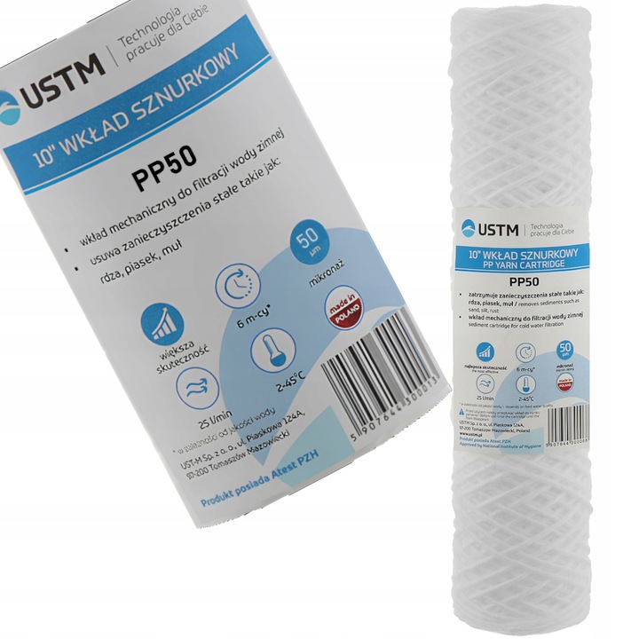 FILTR DO WODY WKŁAD SZNURKOWY 10" FILTRACJA 50 MIKRON PP50M 9 SZTUK USTM