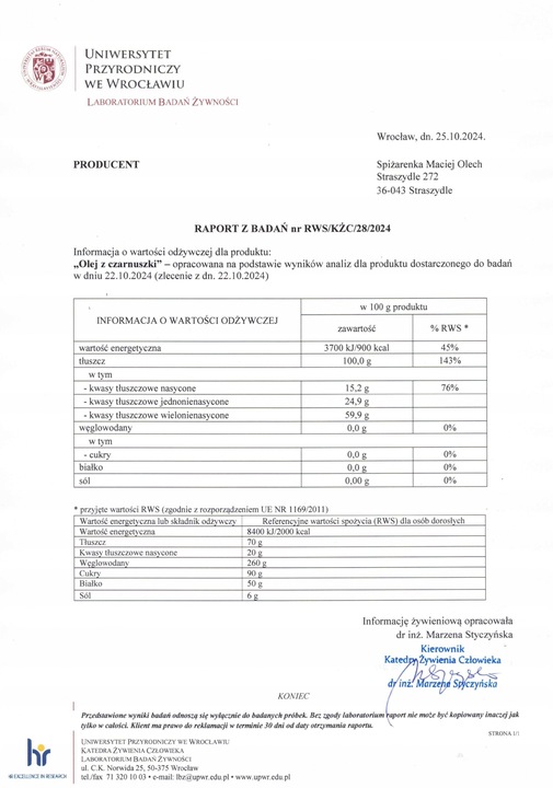 OLEJ Z CZARNUSZKI DZIECI JUNIOR 10,62! mg/g TYMOCHINONU 250ml NIERAFINOWANY