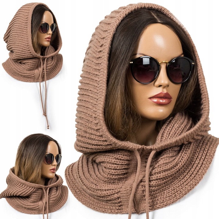 BRĄZOWY KAPTUR Z WEŁNĄ DUŻY BALACLAVA CIEPŁA CZAPKA DAMSKA JAKOŚĆ