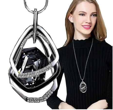 Naszyjnik DŁUGI srebrny łańcuszek kryształ GRAFIT