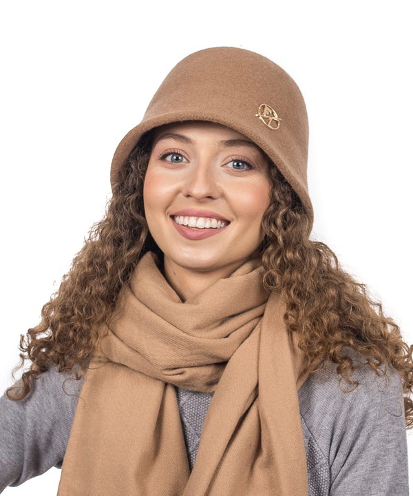 Camelowy Kapelusz Bucket Czapka Damski Wełniany Elegancki Gładki