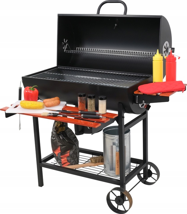 GRILL OGRODOWY WĘGLOWY Z POKRYWĄ DUŻY RUSZT 71x34,5cm POPIELNIK 3 PÓŁKI