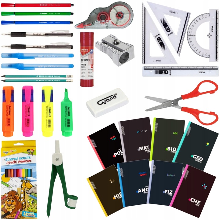 WYPRAWKA SZKOLNA DLA KLAS 4-8 ZESZYTY KREDKI DŁUGOPISY EKIERKI 43 ELEMENTY