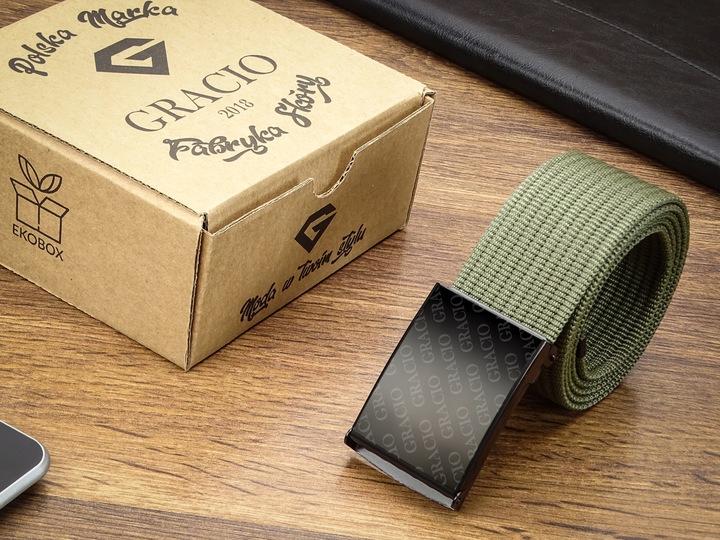 Pasek dla mężczyzny Parciany KHAKI produkt na prezent Gracio klamra 145cm