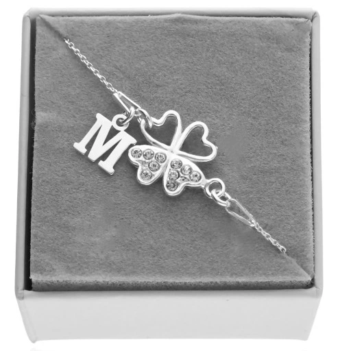 Srebrna bransoletka z koniczynką koniczynka DOWOLNA LITERKA PUDEŁKO 925