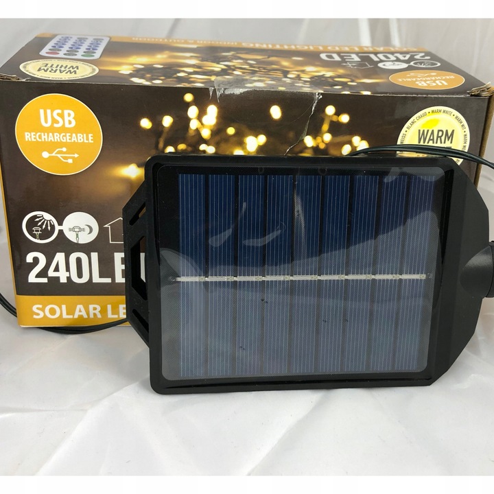 Lampki choinkowe 2w1 SOLARNE + AKUMULATOR 240 LED ciepłe 13 programów 11m