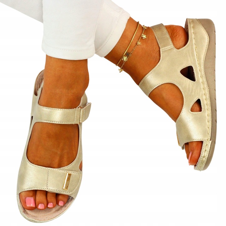 SANDAŁY DAMSKIE PROFILOWANE SZYTE NA RZEPY SKÓRA