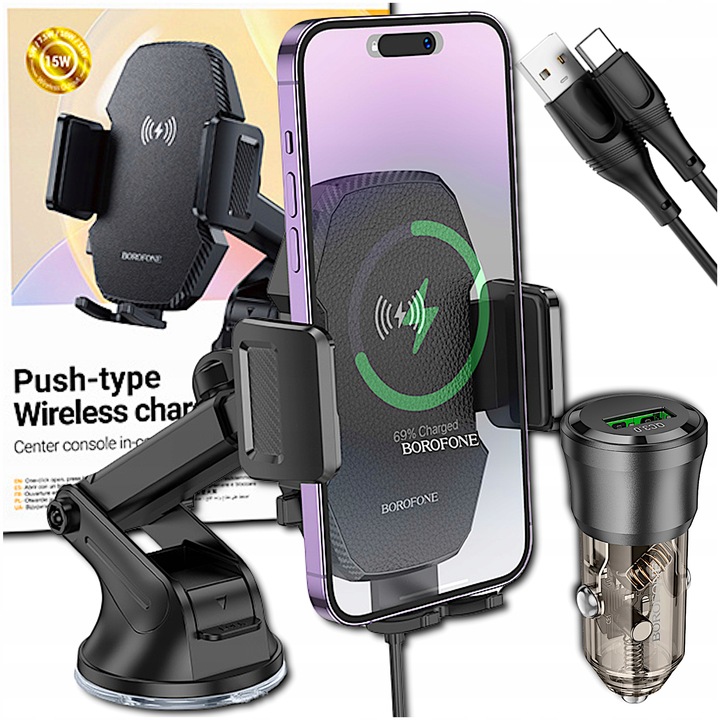 UCHWYT SAMOCHODOWY Z ŁADOWARKĄ INDUKCYJNĄ 15W DO TELEFONU +KABEL ŁADOWANIEM